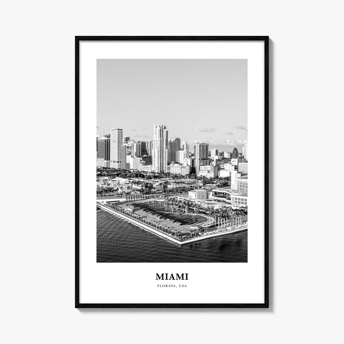 Miami no. 4 black & white classic poster of Florida, USA – vertical wall art, unframed print shown in interior mockup