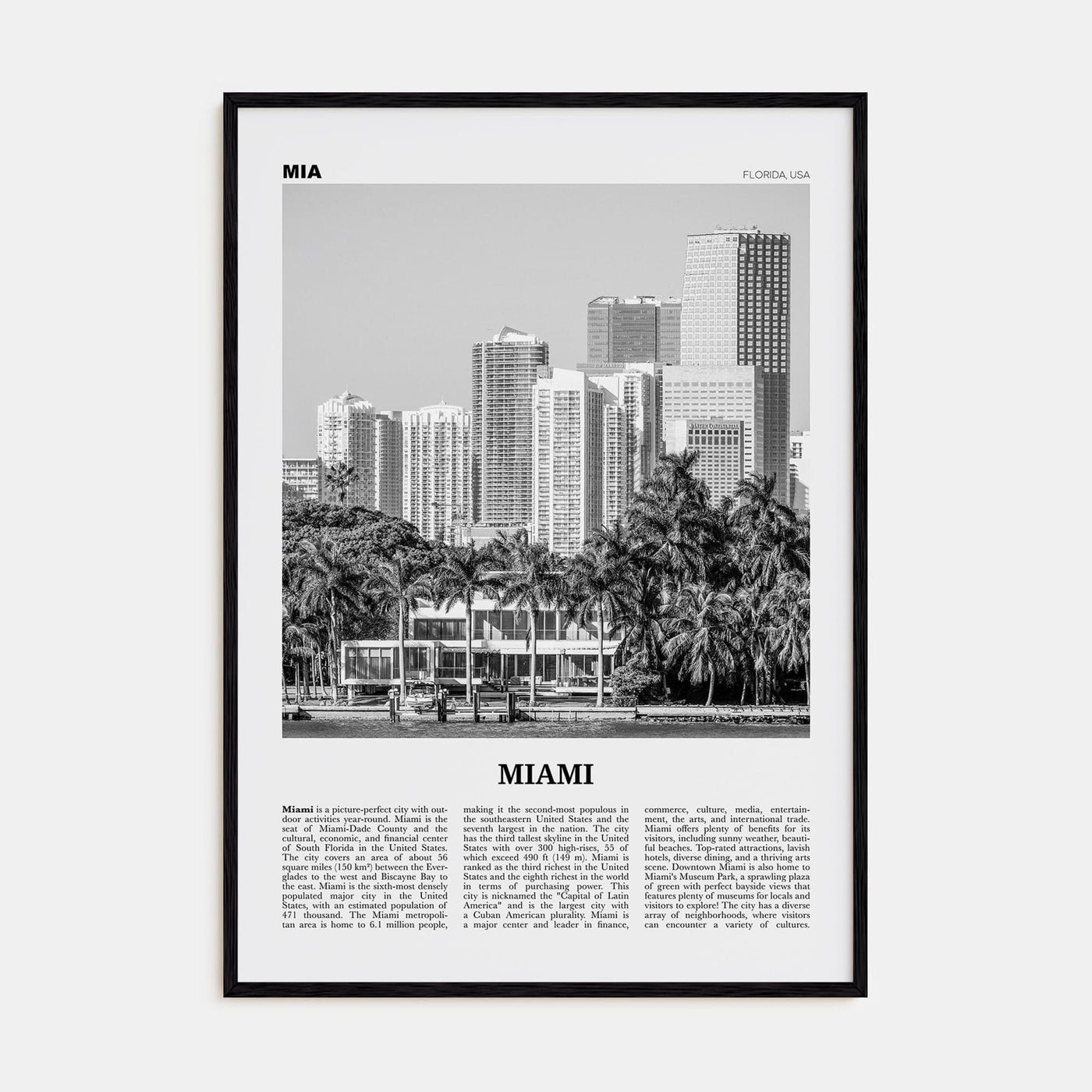 Miami No 4 Poster Black Wood / 8x12 in Nbourhood Travel B&W Poster