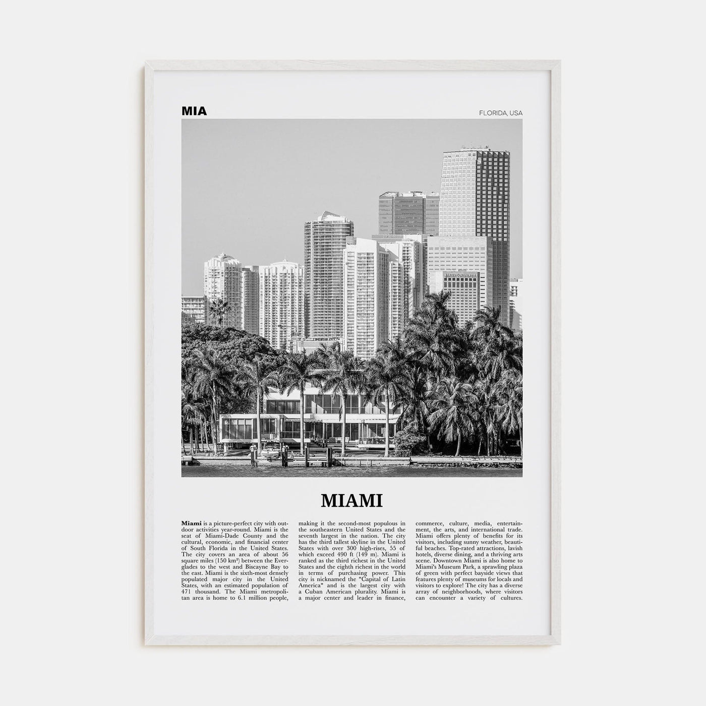 Miami No 4 Poster White Wood / 8x12 in Nbourhood Travel B&W Poster