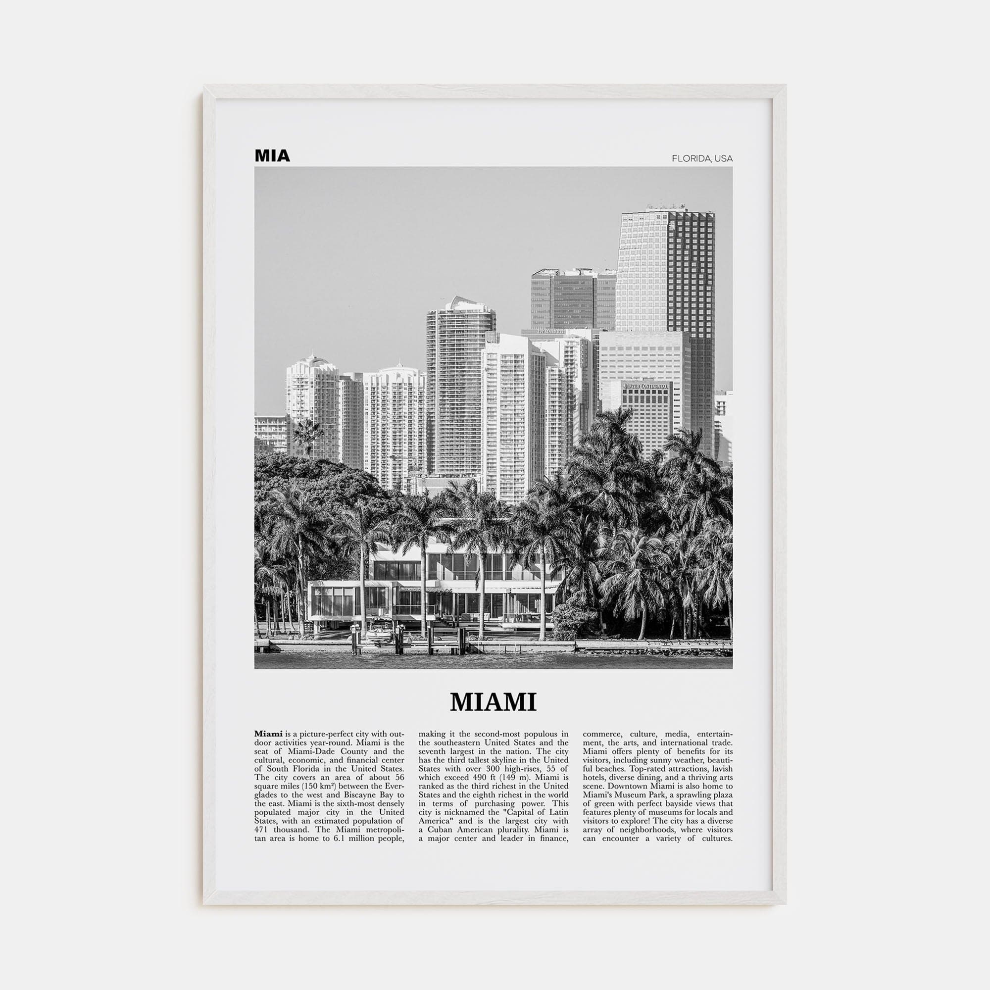 Miami No 4 Poster White Wood / 8x12 in Nbourhood Travel B&W Poster