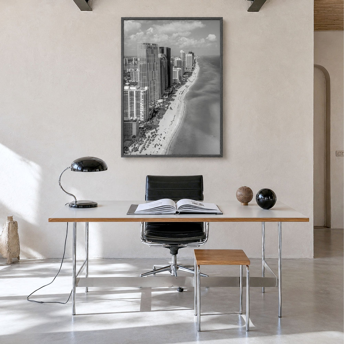 Miami Photo No 2 Poster in a black wood frame, hanging in a minimalist home office, full image (no border)