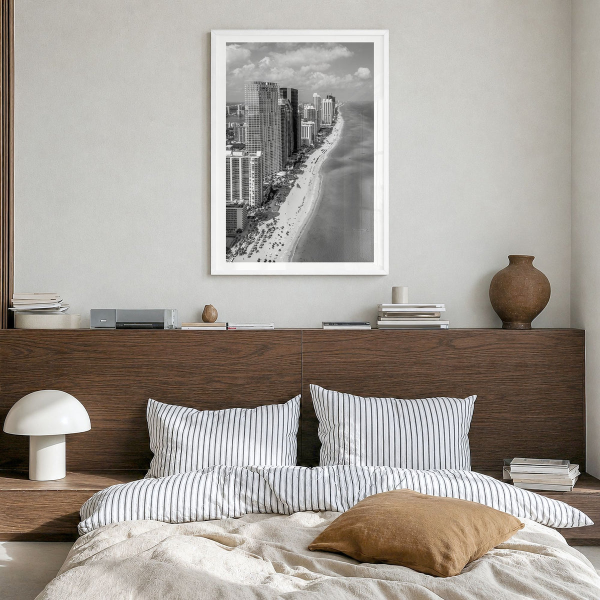 Miami Photo No 2 Poster in a white wood frame, hanging in a bedroom, white border