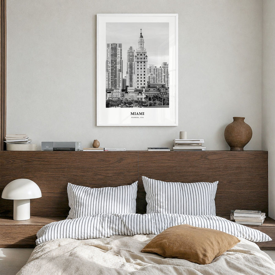 Miami Classic No 1 Poster in a white wood frame, hanging in a bedroom