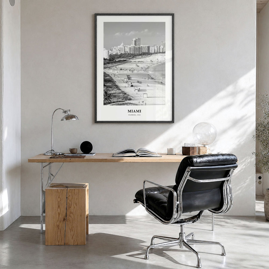 Miami Classic No 3 Poster in a black wood frame, hanging in a bright home office