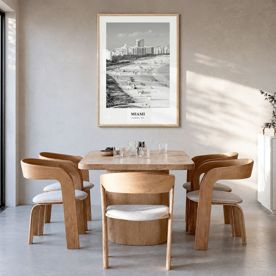 Miami Classic No 3 Poster in a natural wood frame, hanging in a dining room