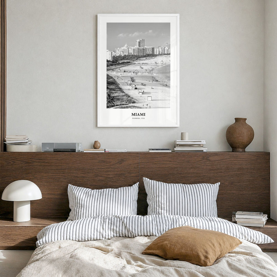 Miami Classic No 3 Poster in a white wood frame, hanging in a bedroom