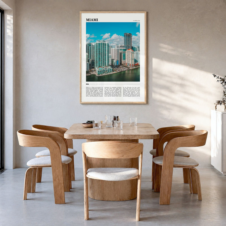 Miami Travel No 1 Poster in a natural wood frame, hanging in a dining room