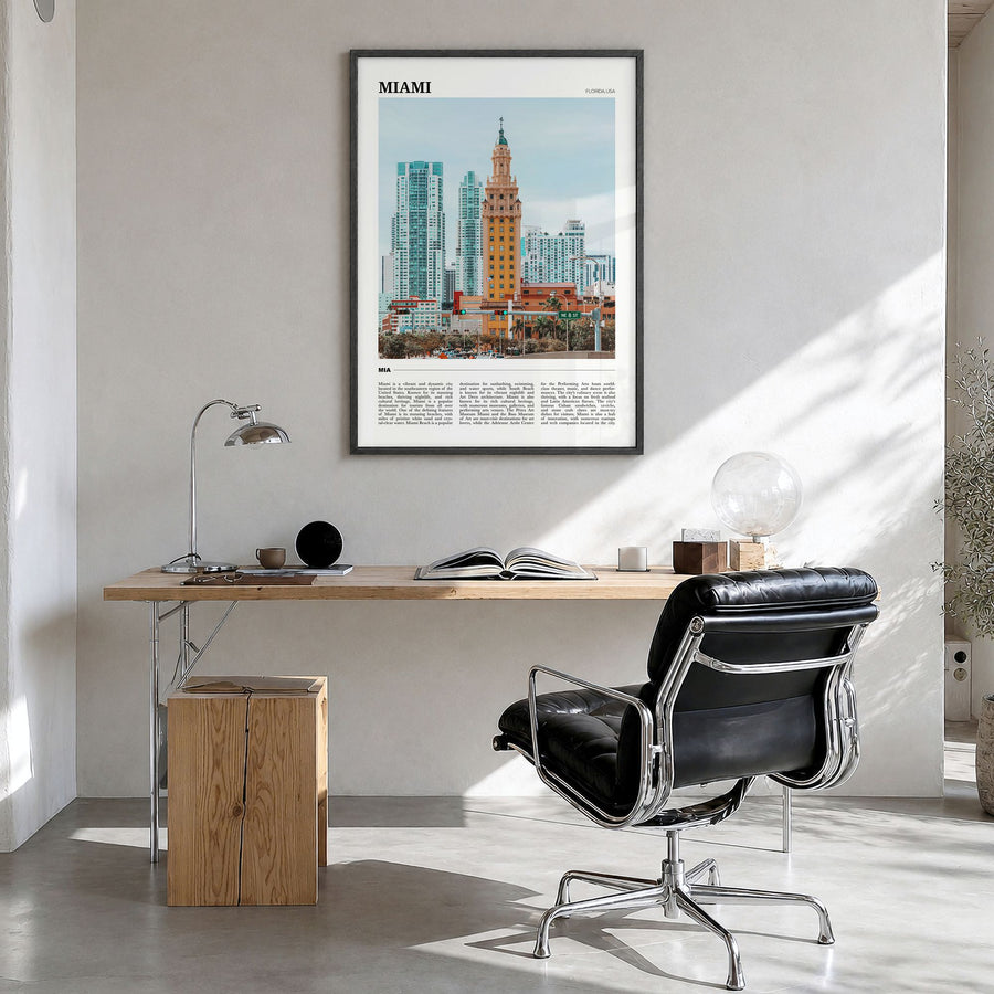 Miami Travel No 2 Poster in a black wood frame, hanging in a bright home office
