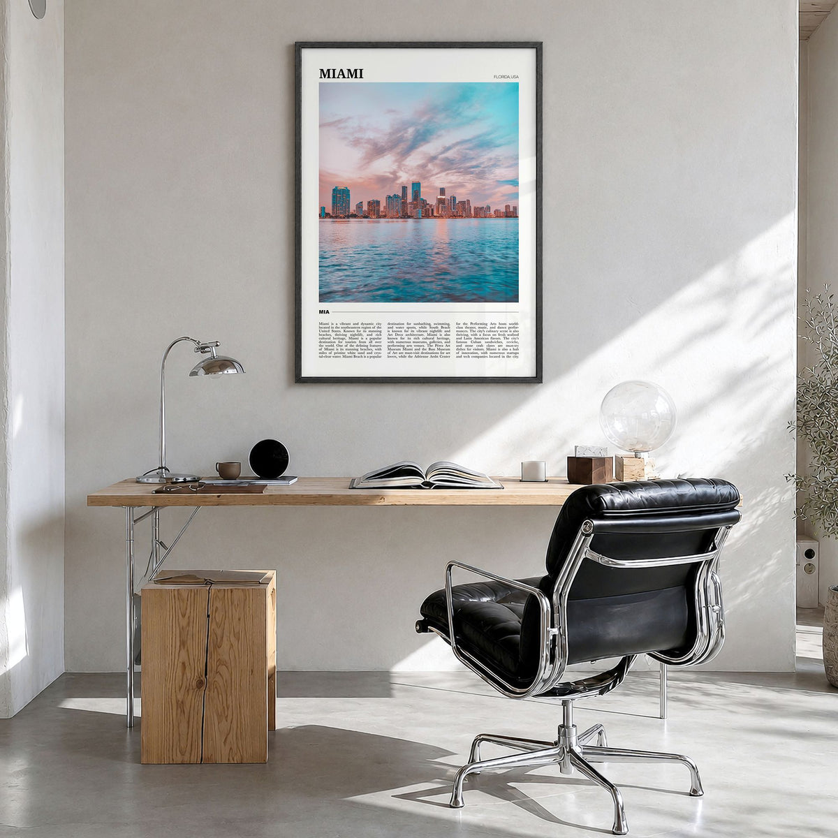 Miami Travel No 3 Poster in a black wood frame, hanging in a bright home office