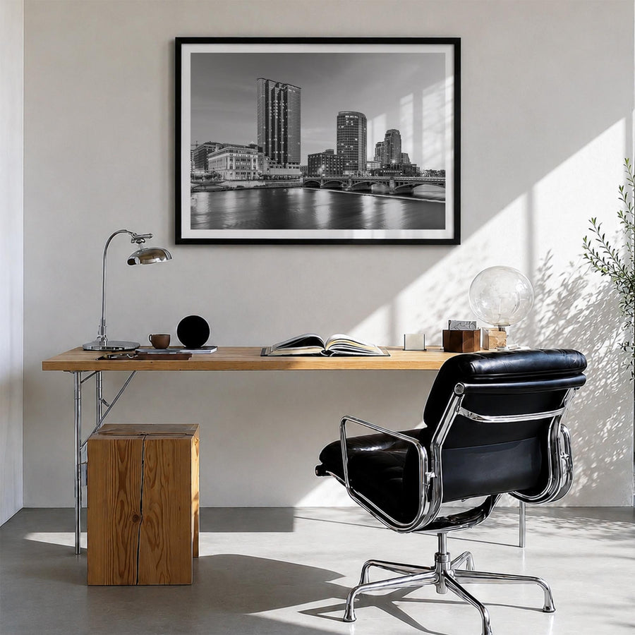 Michigan black & white photo poster of United States – horizontal wall art in black wood frame with white border, hanging on 