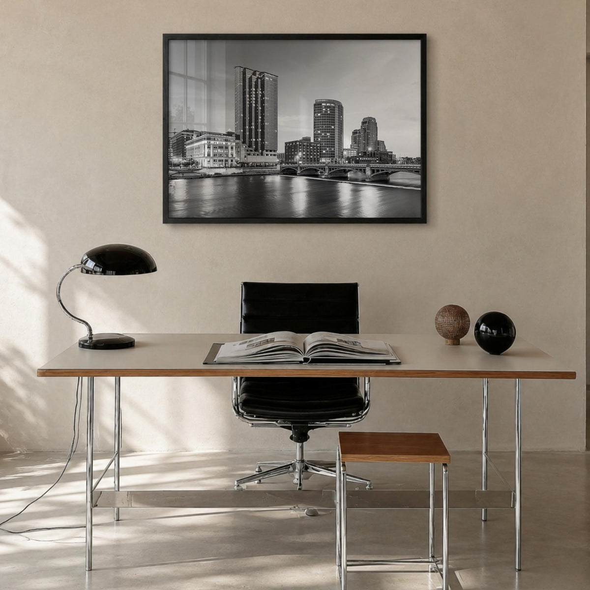 Michigan black & white photo poster of United States – horizontal wall art in black wood frame, hanging on wall