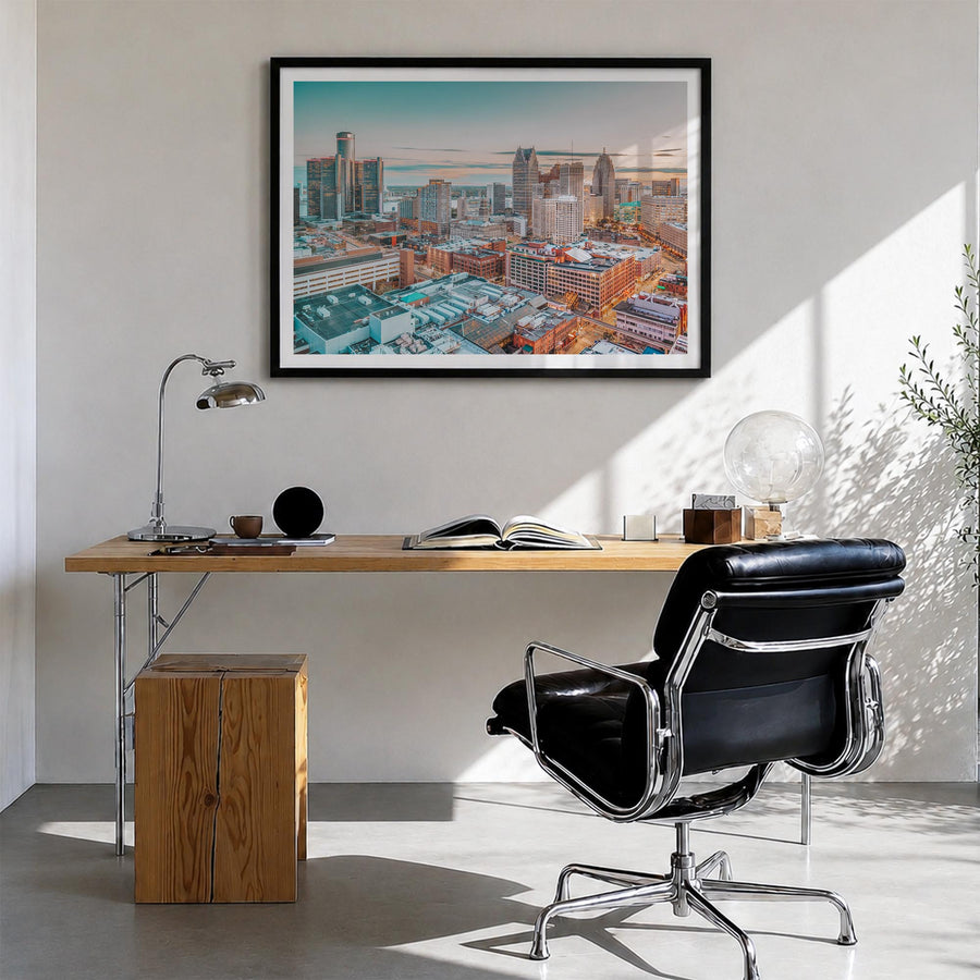 Michigan colorful photo poster of United States – horizontal wall art in black wood frame with white border, hanging on wall