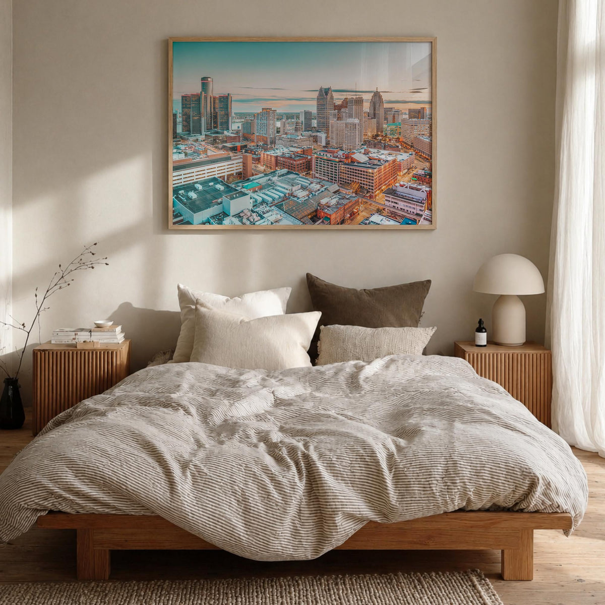 Michigan colorful photo poster of United States – horizontal wall art in natural wood frame, hanging on wall