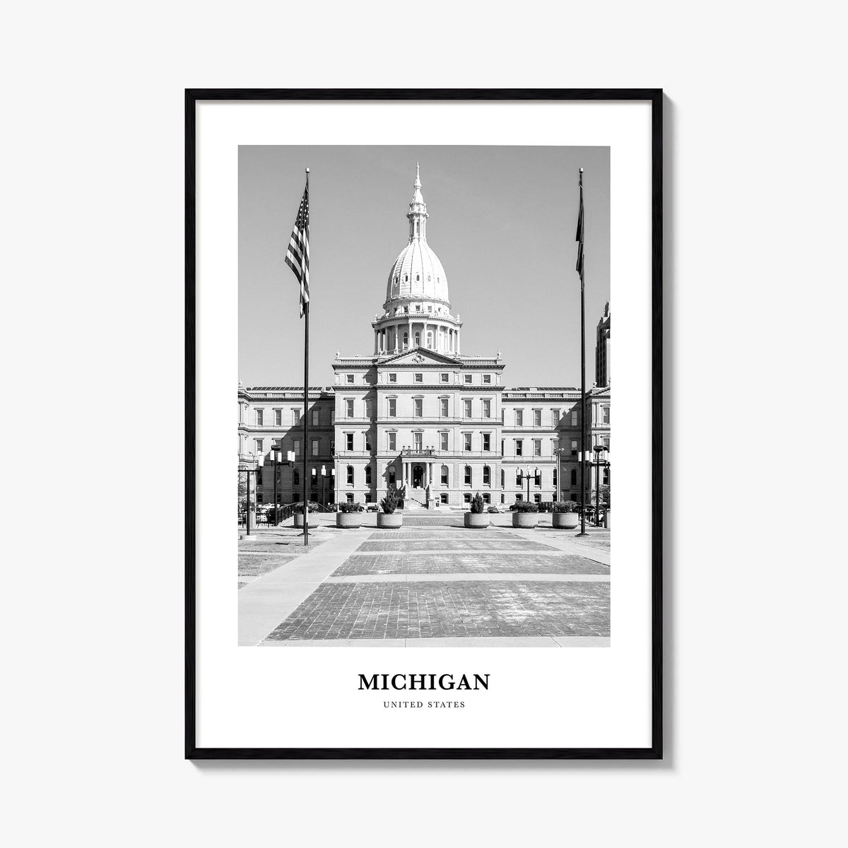 Michigan no. 1 black & white classic poster of United States – vertical wall art, unframed print shown in interior mockup