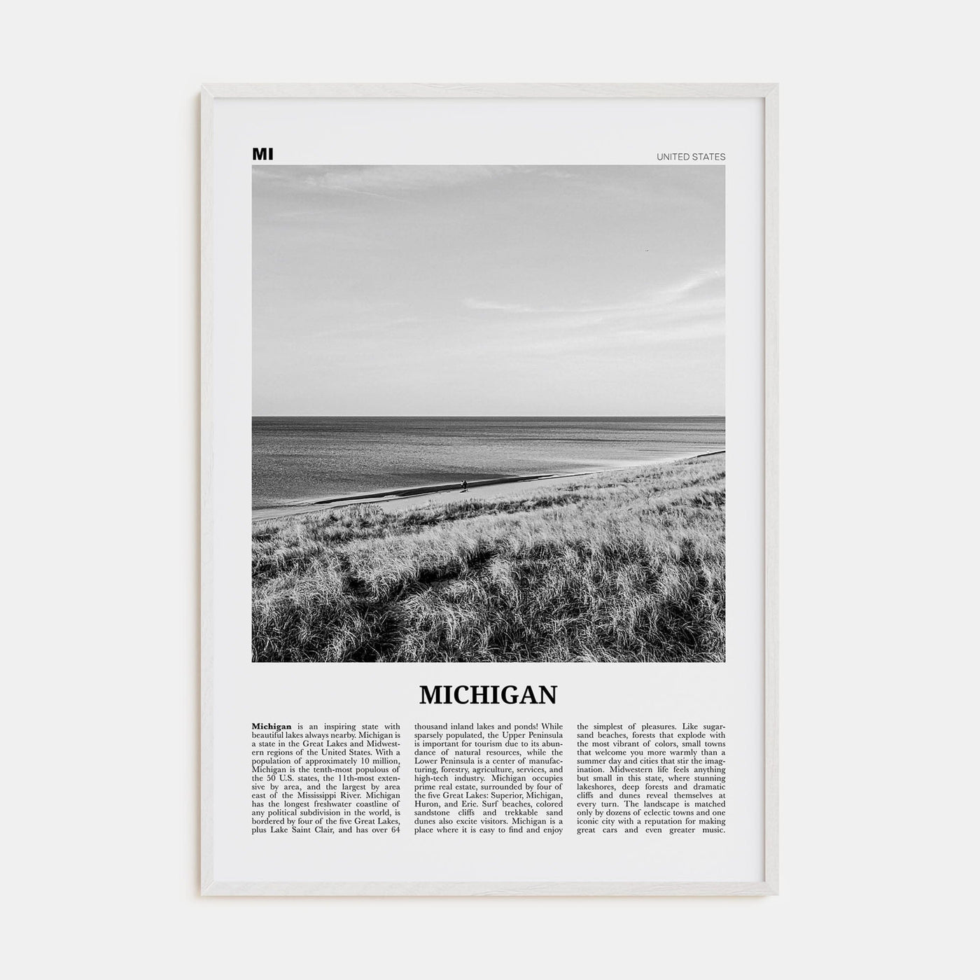 Michigan No 1 Poster White Wood / 8x12 in Nbourhood Travel B&W Poster