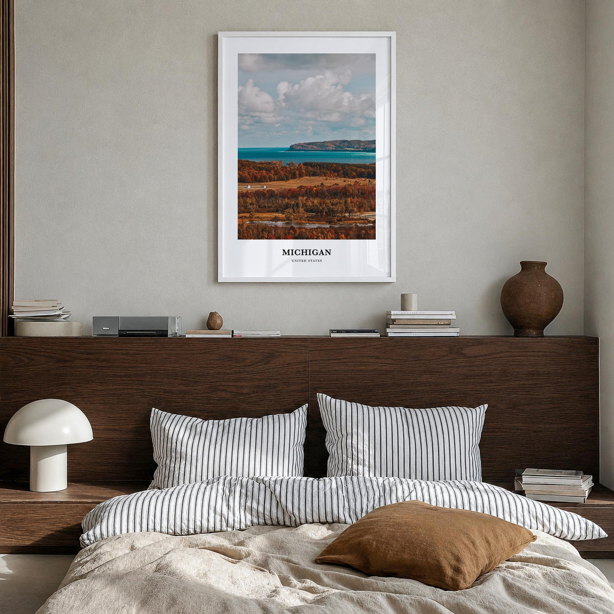 Michigan no. 2 colorful classic poster of United States – vertical wall art in white wood frame, hanging on wall