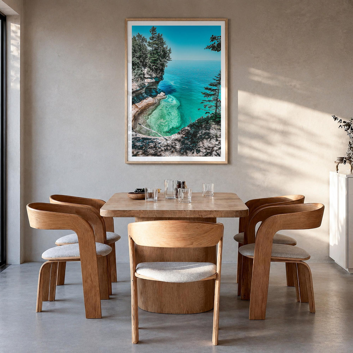 Michigan no. 2 colorful photo poster of United States – vertical wall art in natural wood frame with white border, hanging on