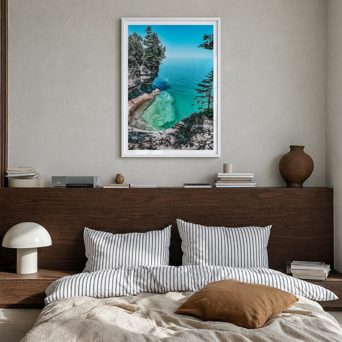 Michigan no. 2 colorful photo poster of United States – vertical wall art in white wood frame with white border, hanging on w