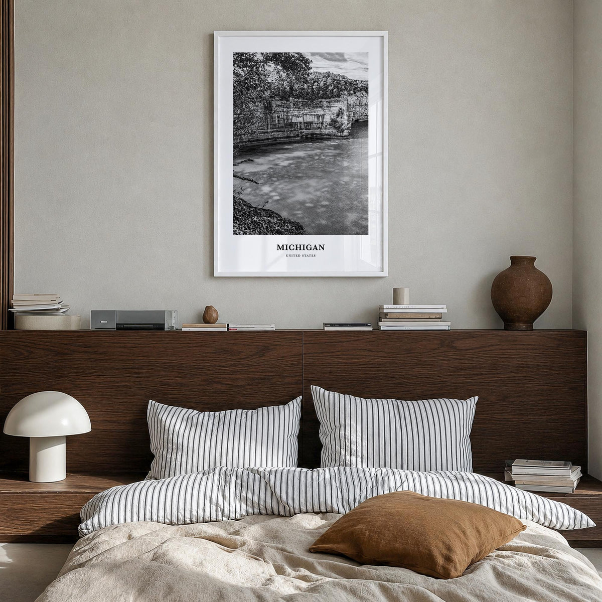 Michigan no. 3 black & white classic poster of United States – vertical wall art in white wood frame, hanging on wall