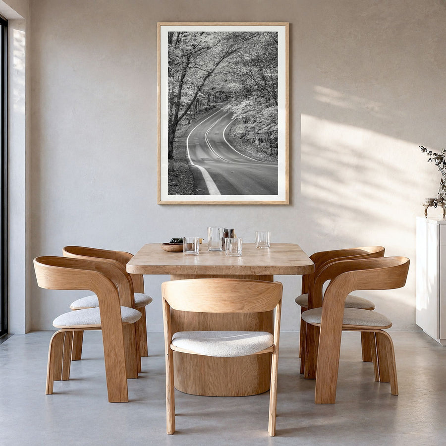 Michigan Photo No 2 Poster in a natural wood frame, hanging in a dining room, white border