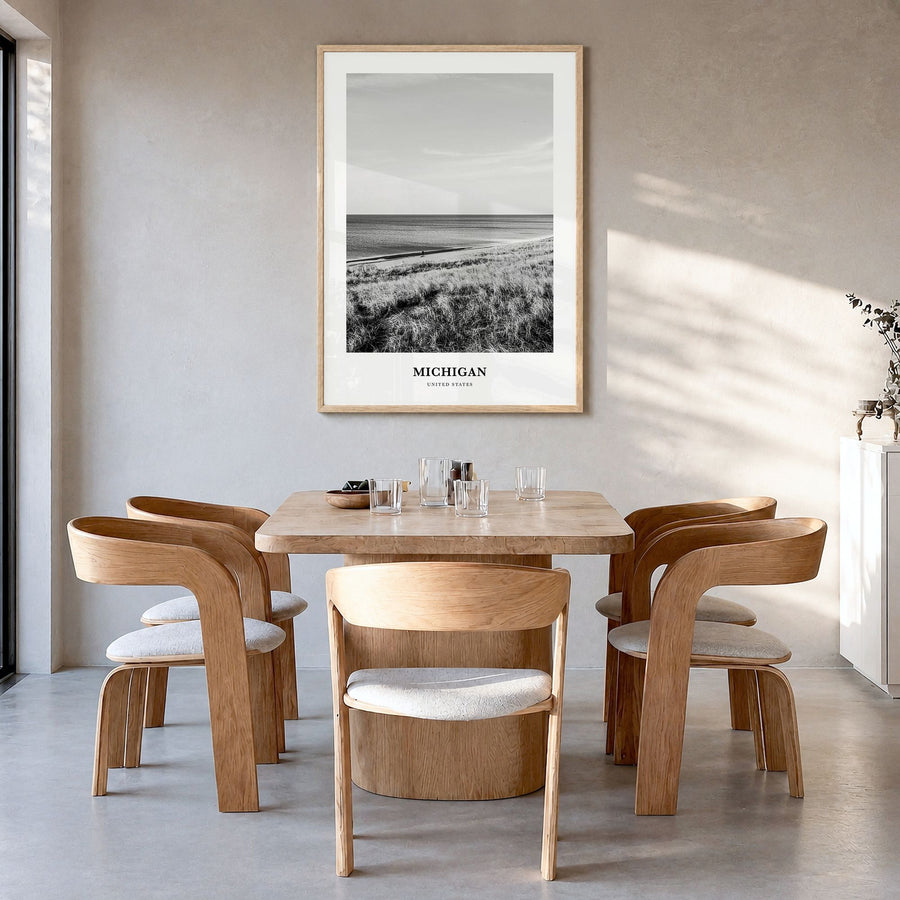 Michigan Classic No 2 Poster in a natural wood frame, hanging in a dining room