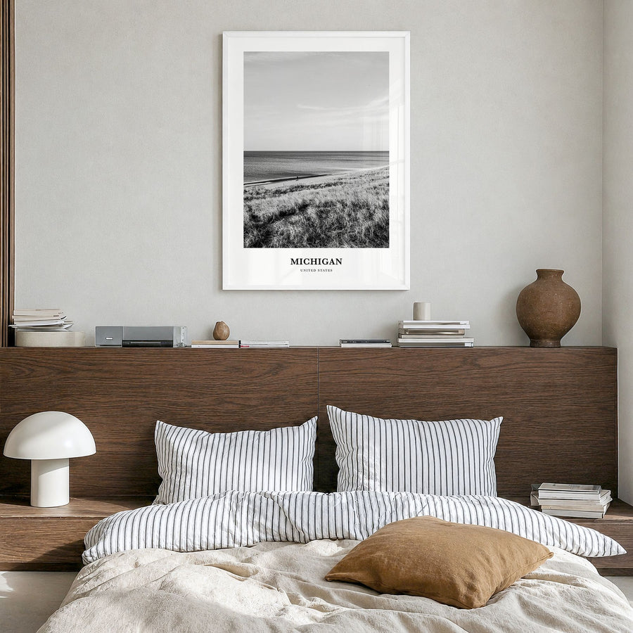 Michigan Classic No 2 Poster in a white wood frame, hanging in a bedroom