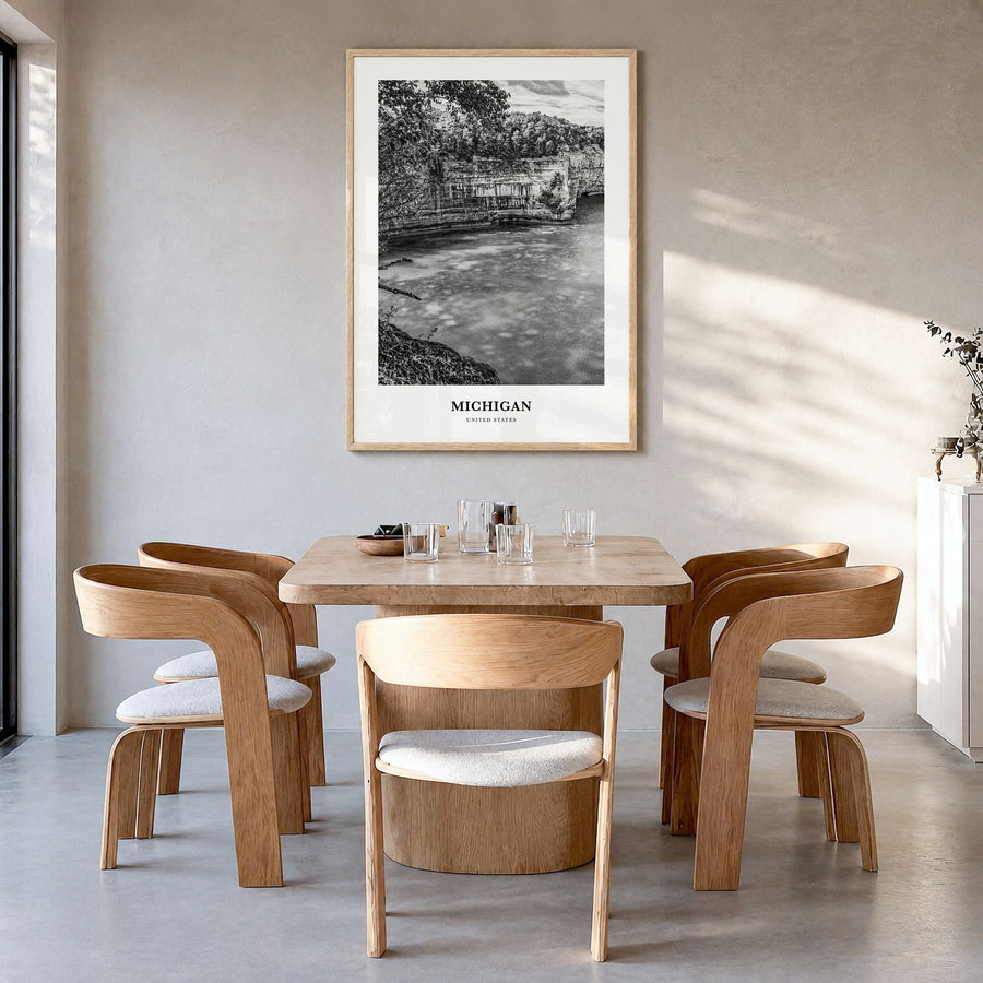 Michigan Classic No 3 Poster in a natural wood frame, hanging in a dining room