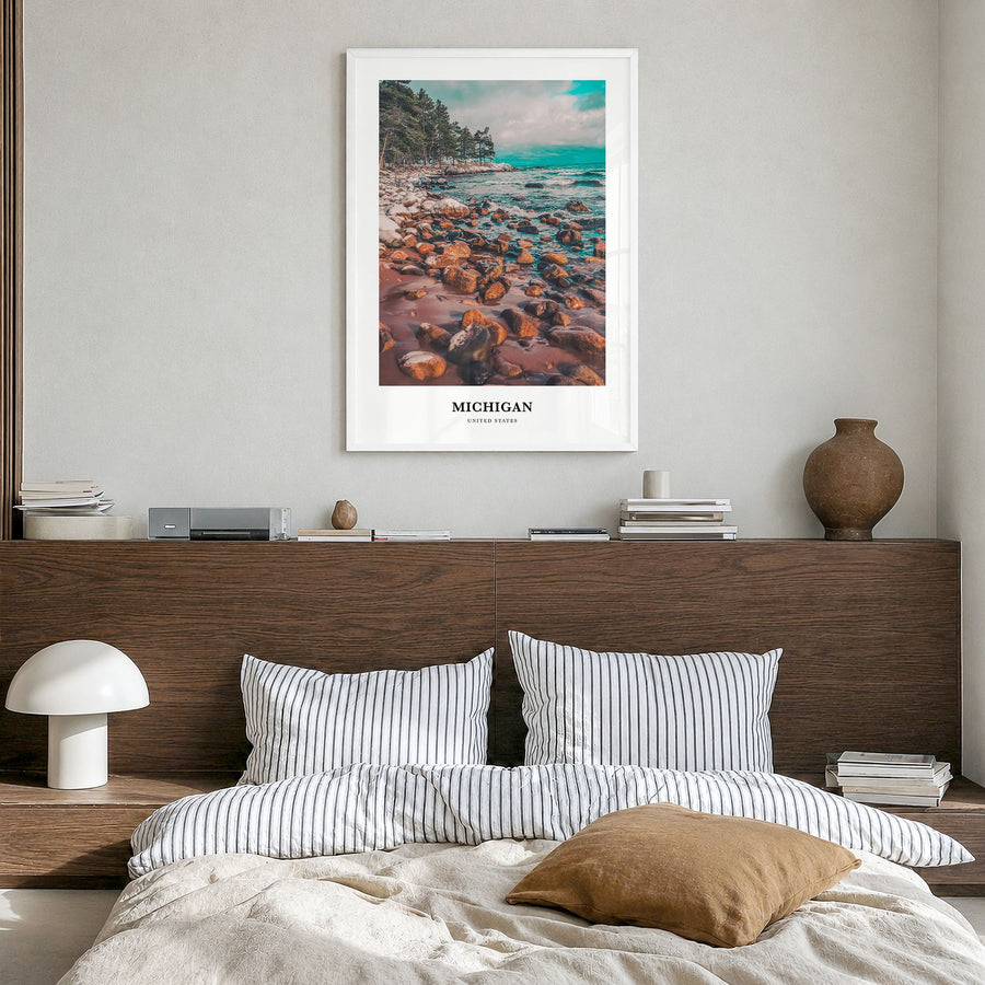 Michigan Classic No 1 Poster in a white wood frame, hanging in a bedroom