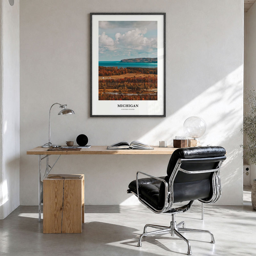 Michigan Classic No 2 Poster in a black wood frame, hanging in a bright home office