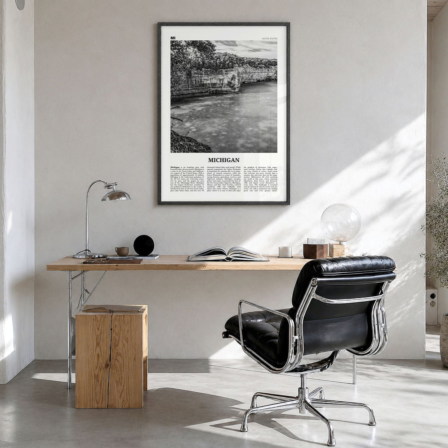 Michigan Newspaper No 2 Poster in a black wood frame, hanging in a bright home office