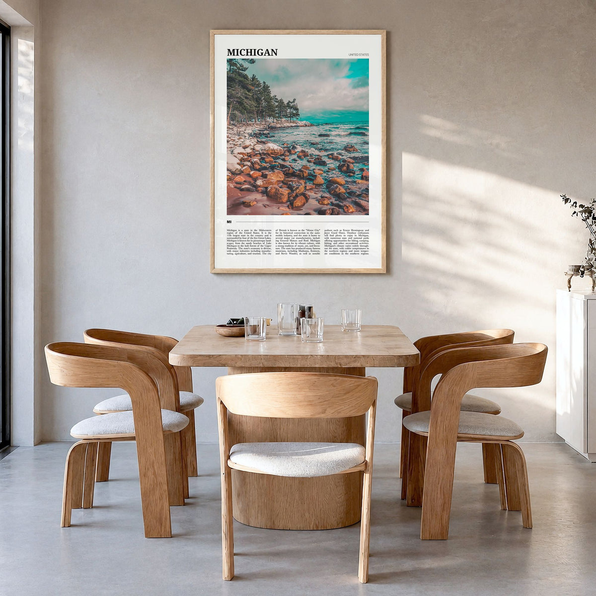 Michigan Travel No 1 Poster in a natural wood frame, hanging in a dining room
