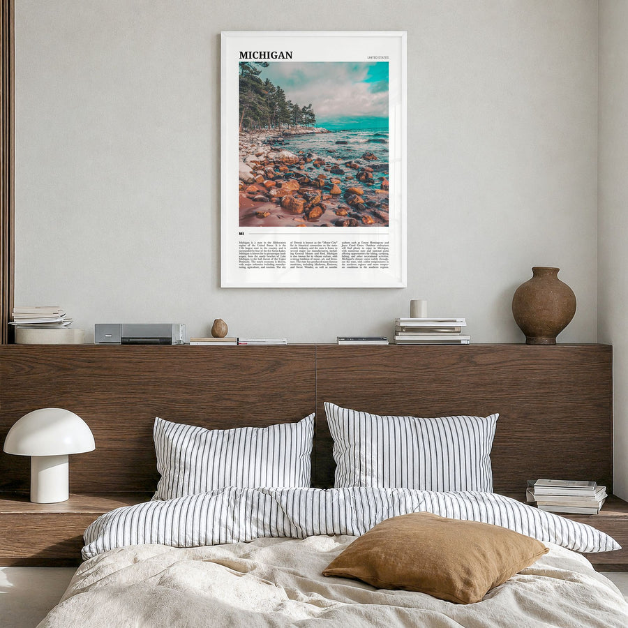 Michigan Travel No 1 Poster in a white wood frame, hanging in a bedroom