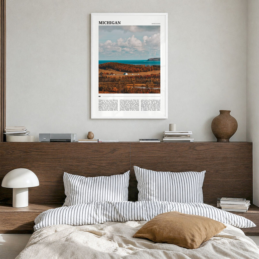 Michigan Travel No 2 Poster in a white wood frame, hanging in a bedroom