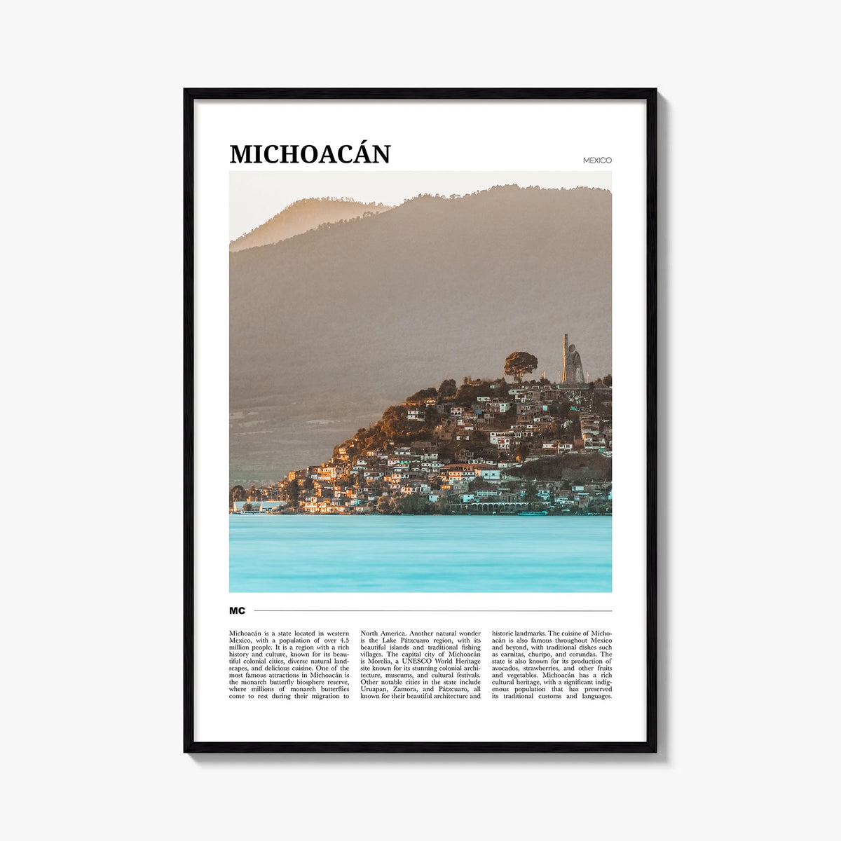 Michoacán no. 1 colorful travel poster of Mexico – vertical wall art, unframed print shown in interior mockup