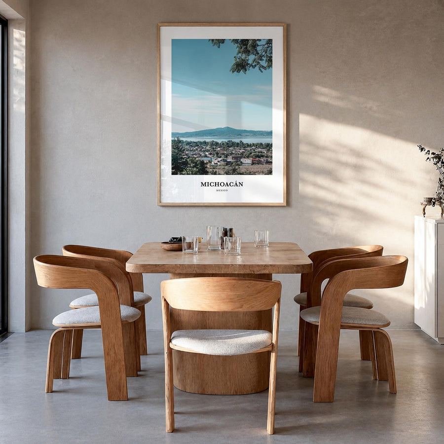 Michoacán no. 2 colorful classic poster of Mexico – vertical wall art in natural wood frame, hanging on wall