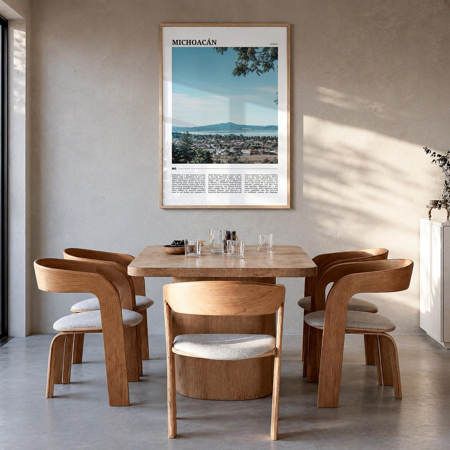 Michoacán no. 2 colorful travel poster of Mexico – vertical wall art in natural wood frame, hanging on wall