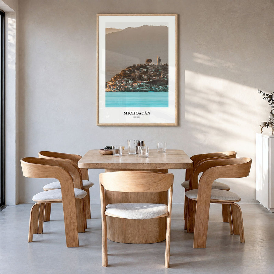 Michoacán Classic No 1 Poster in a natural wood frame, hanging in a dining room