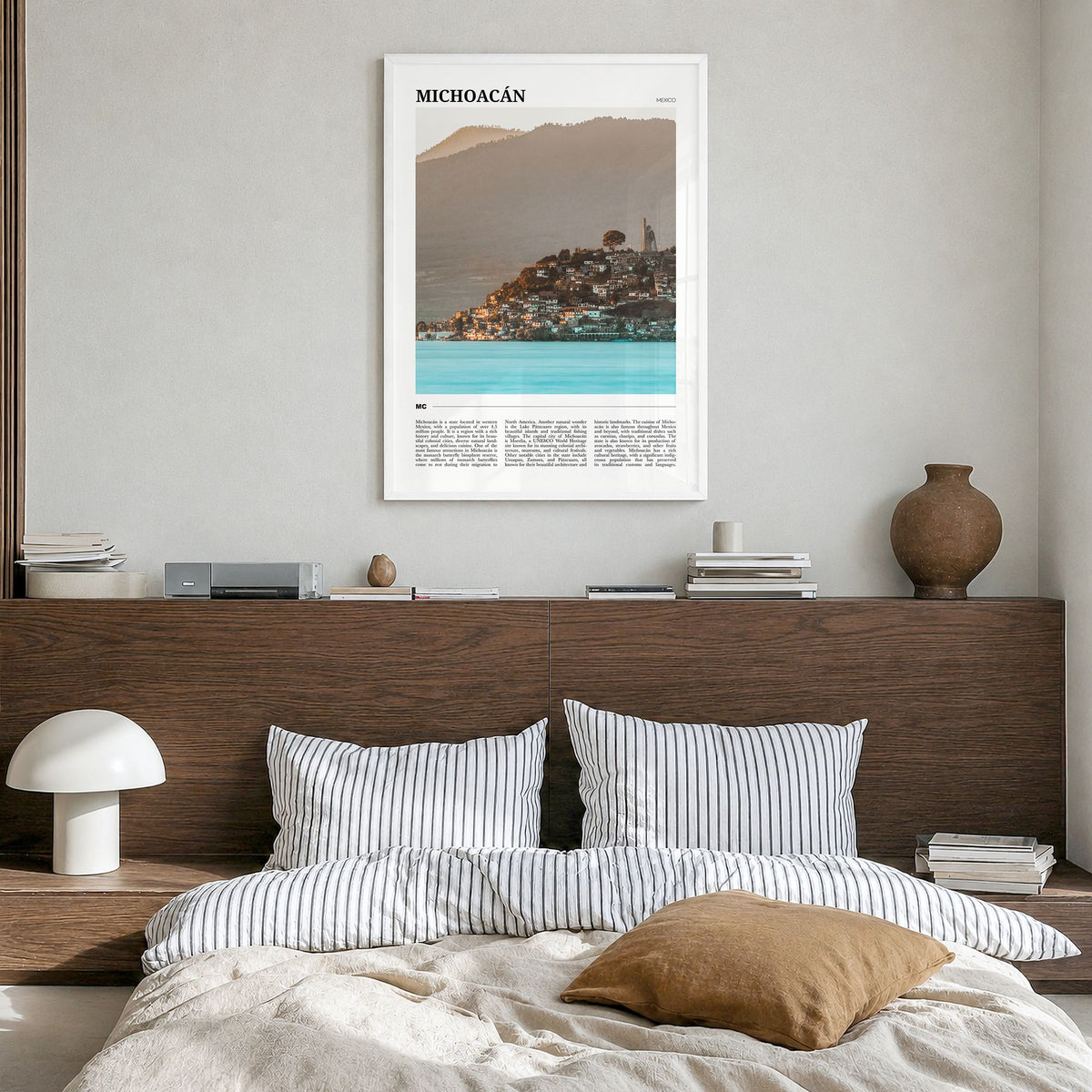 Michoacán Travel No 1 Poster in a white wood frame, hanging in a bedroom