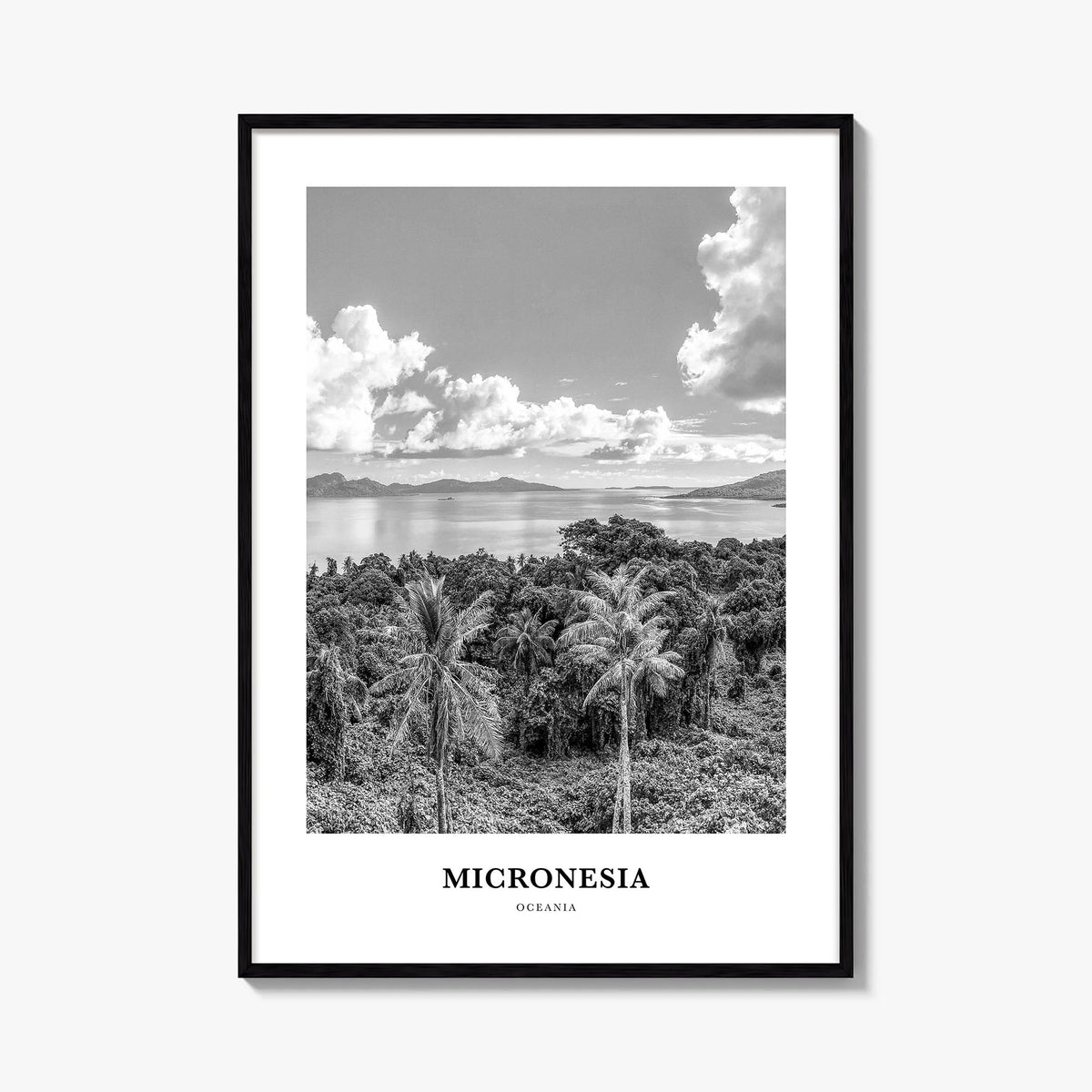 Micronesia black & white classic poster of Oceania – vertical wall art, unframed print shown in interior mockup