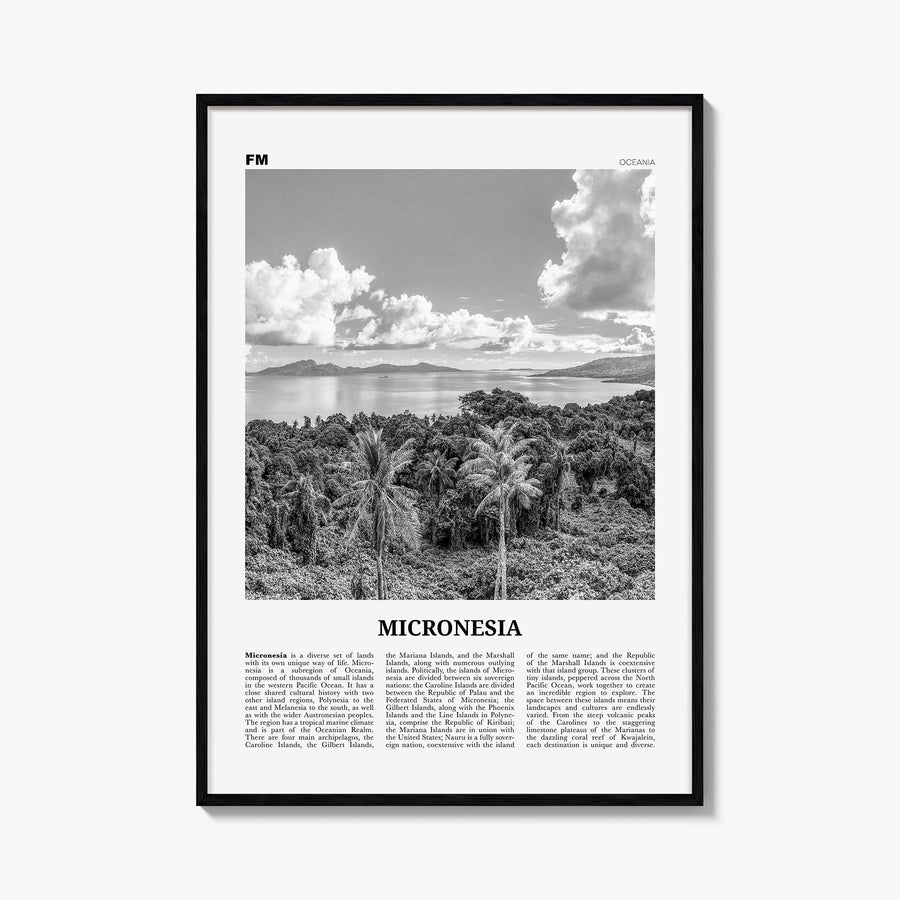 Micronesia black & white newspaper poster of Oceania – vertical wall art, unframed print shown in interior mockup