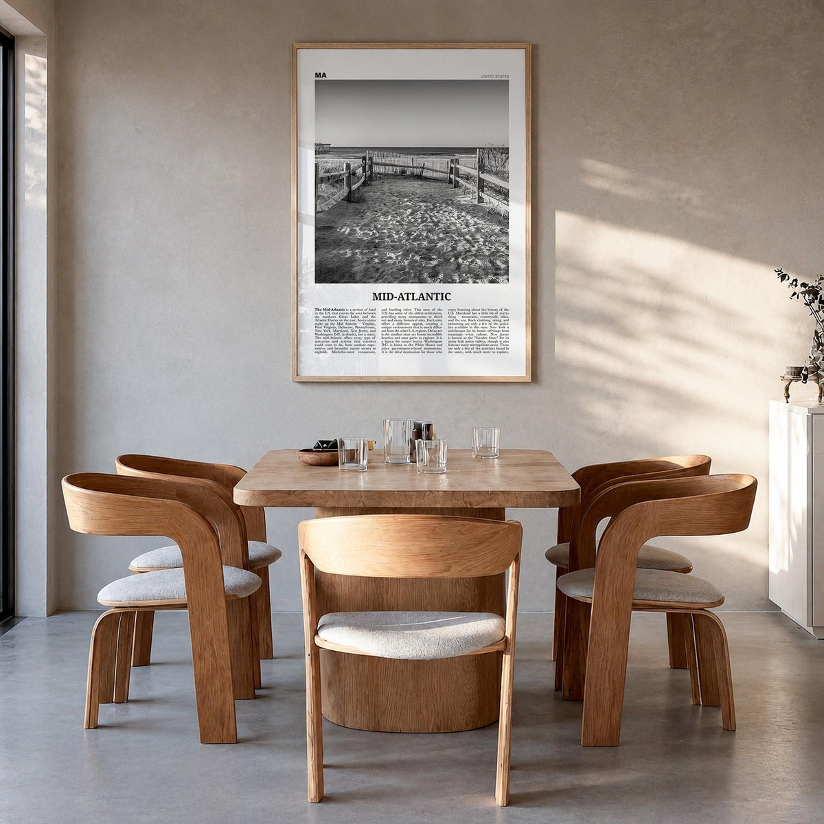 Mid-Atlantic black & white newspaper poster – vertical wall art in natural wood frame, hanging on wall
