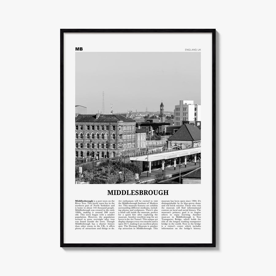Middlesbrough black & white newspaper poster of United Kingdom – vertical wall art, unframed print shown in interior mockup