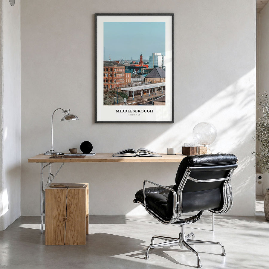 Middlesbrough Classic Poster in a black wood frame, hanging in a bright home office