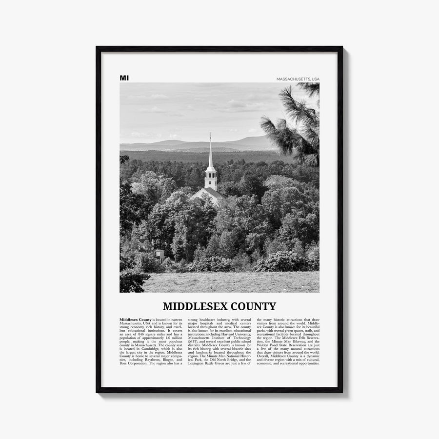 Middlesex County black & white newspaper poster of Massachusetts, USA – vertical wall art, unframed print shown in interior m