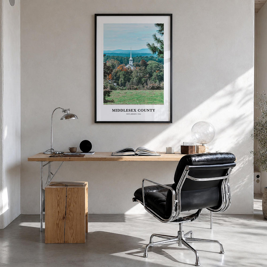 Middlesex County colorful classic poster of New Jersey, USA – vertical wall art in black wood frame, hanging on wall