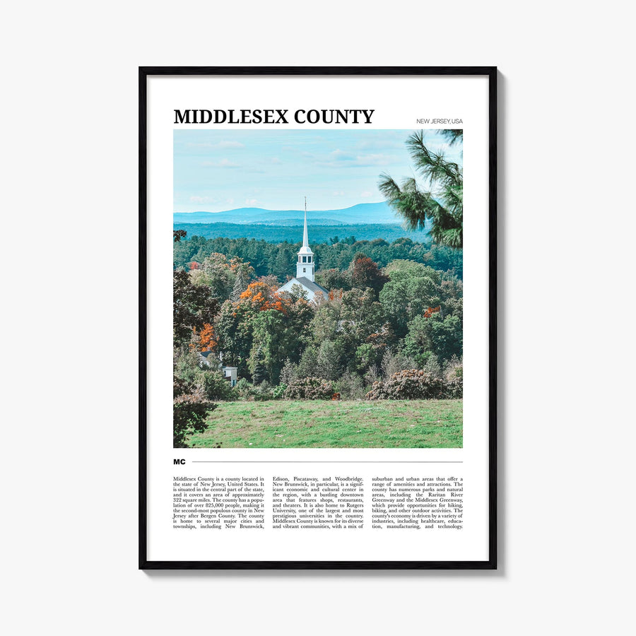 Middlesex County colorful travel poster of Massachusetts, USA – vertical wall art, unframed print shown in interior mockup