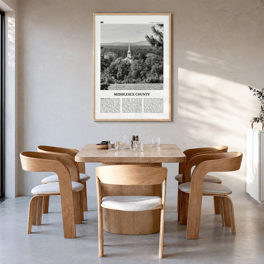 Middlesex County Newspaper Poster in a natural wood frame, hanging in a dining room