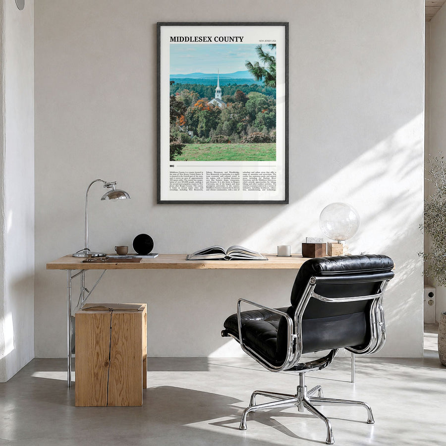 Middlesex County Travel Poster in a black wood frame, hanging in a bright home office