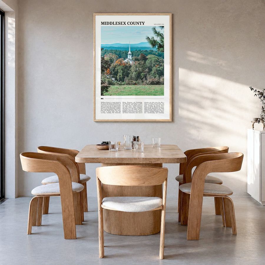Middlesex County Travel Poster in a natural wood frame, hanging in a dining room