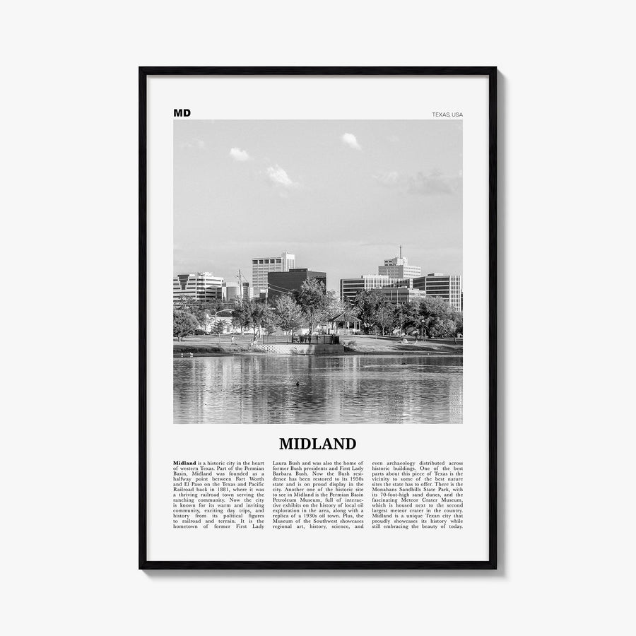 Midland black & white newspaper poster of Texas, USA – vertical wall art, unframed print shown in interior mockup